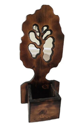 Vintage wood carved tree shaped wall Mirror with small box planter shelf MCM