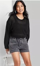 Women's Wild Fable Crewneck Open Knit Cropped Pullover Black Medium