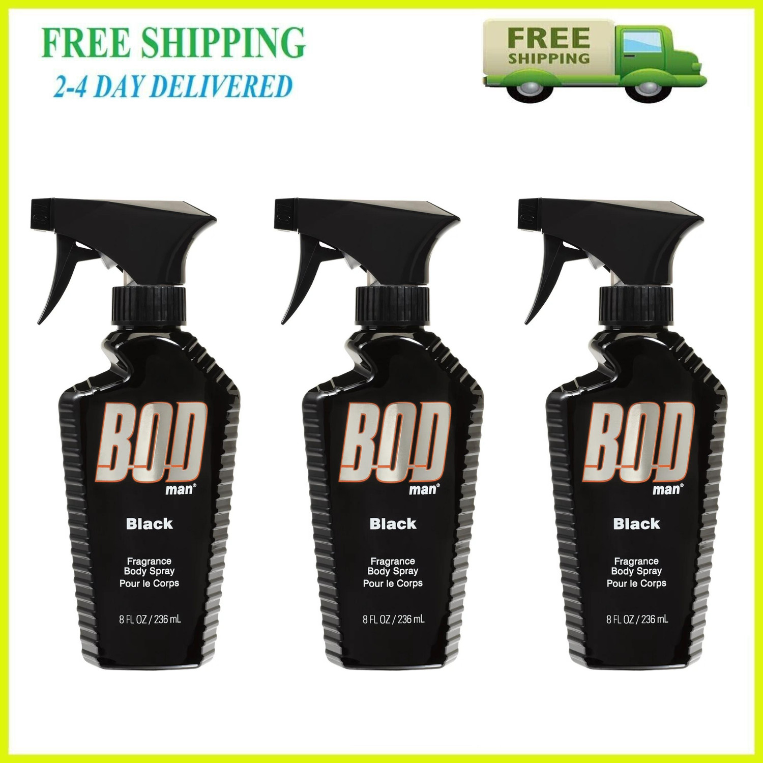 (3 PACK) BOD Man Fragrance Body Spray, Black, 8 fl oz Fresh 