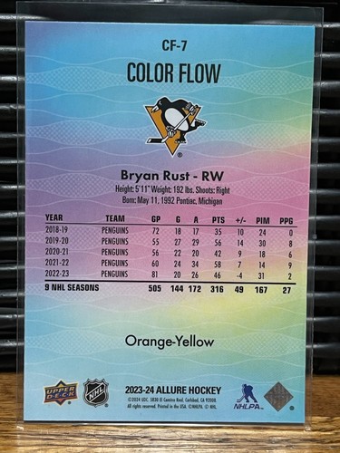 2023-24 Upper Deck Allure - CF-7 Bryan Rust - Color Flow Orange-Yellow - Picture 2 of 2