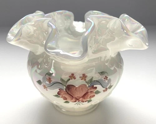 Vintage FENTON Ruffled Opalescent Vase - Hand Painted & Signed by C. Smith