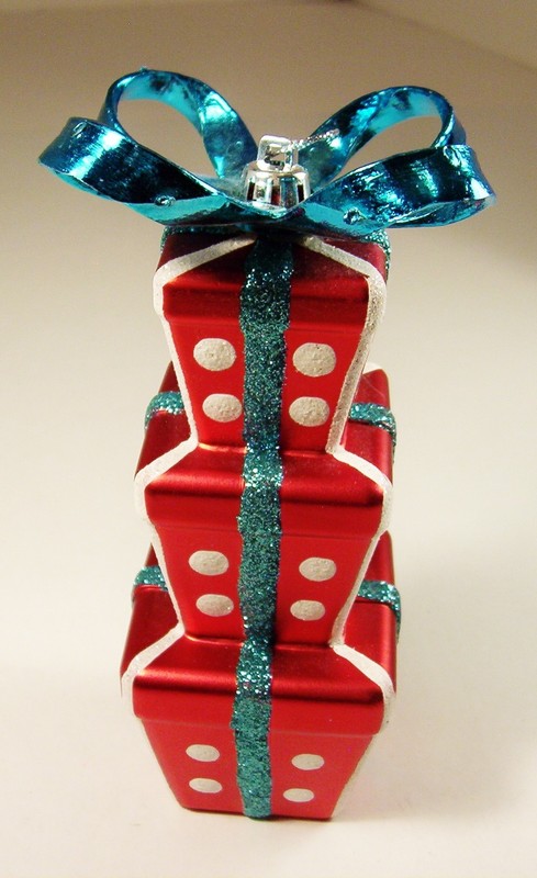 Christmas Ornament Three Tiered Wrapped Gift Boxes Red White Polka Dot Blue Bow