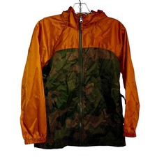 Lands End Kids Full Zip Hooded Nylon Windbreaker Boy Med 10/12 Orange Brown Camo