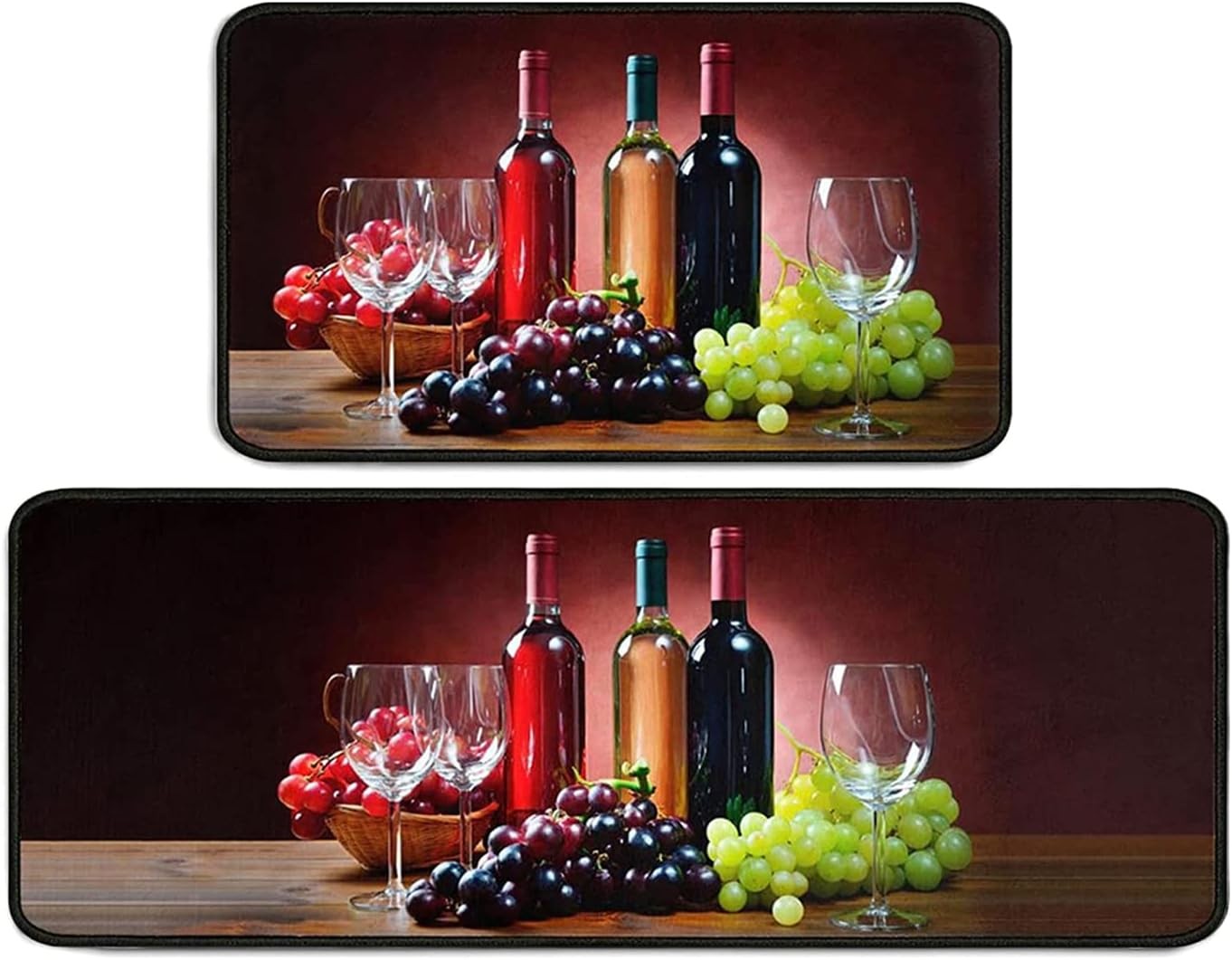 2-Piece Non-Slip Wine-Themed Kitchen Rugs 17x47 and 17x30 with Glass Motif