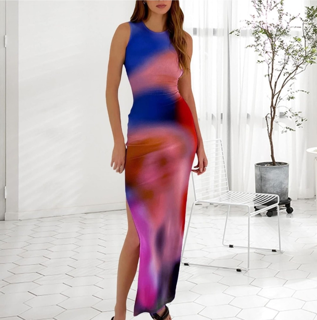 Floerns Women's Tie-Dye Sleeveless Midi Dress - Casual Split Thigh Tank Dress