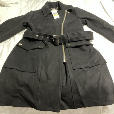 Michael Kors Belted Asymmetrical Gold Logo Zip Wool Blend Pea Coat Size M NWT