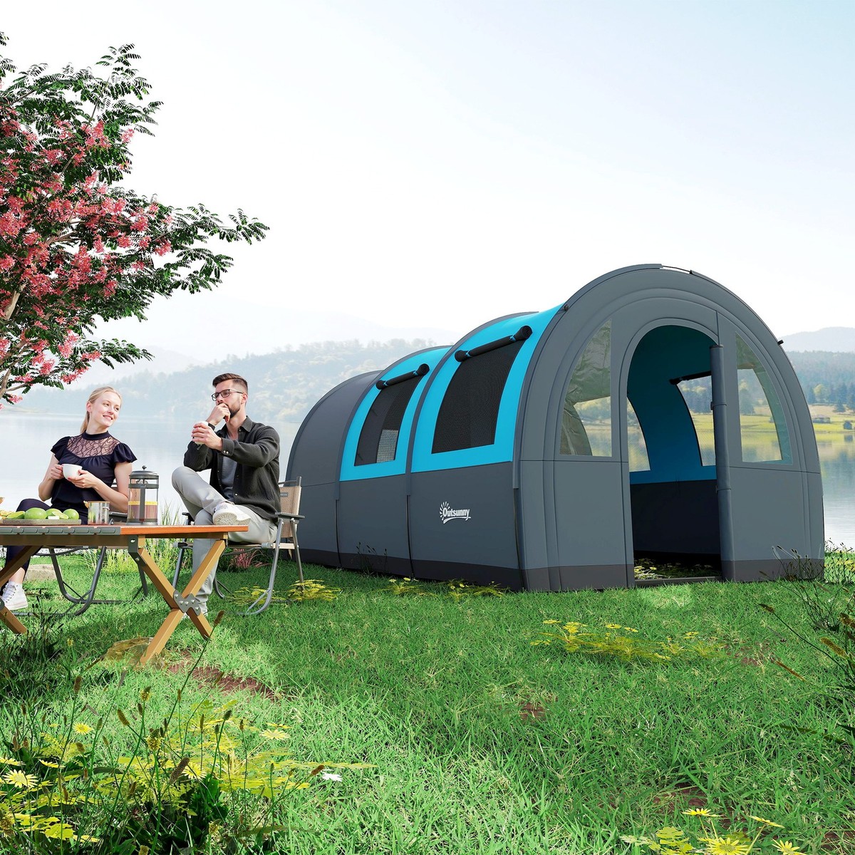 Tenda Da Campeggio Outsunny 5 Posti - Impermeabile, 2 Zone Separate, 480x260x200 Cm