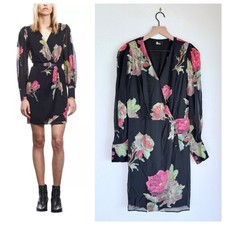 NEW The Kooples Rose Surplice Long Sleeve Mini Dress in Black  Pink Sz 1 US 4 