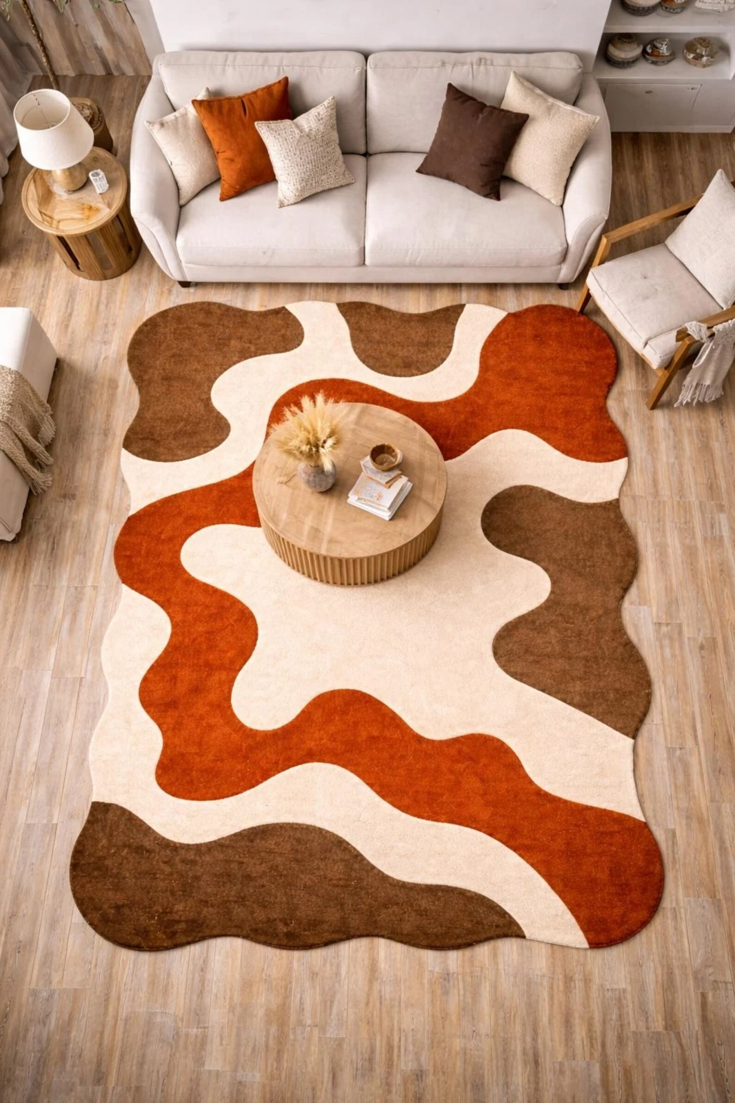 Boho Wavy Abstract Area Rug Soft Brown Orange Modern Area Living Room Carpet