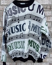 Sugar Street Weavers Sweater Music Tapestry Woven Crew Neck Pullover USA Made