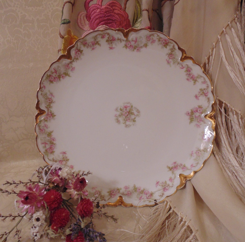 Haviland Limoges Cake Plate Schleiger 525 Pink Morning Glories Ranson Gold 10"