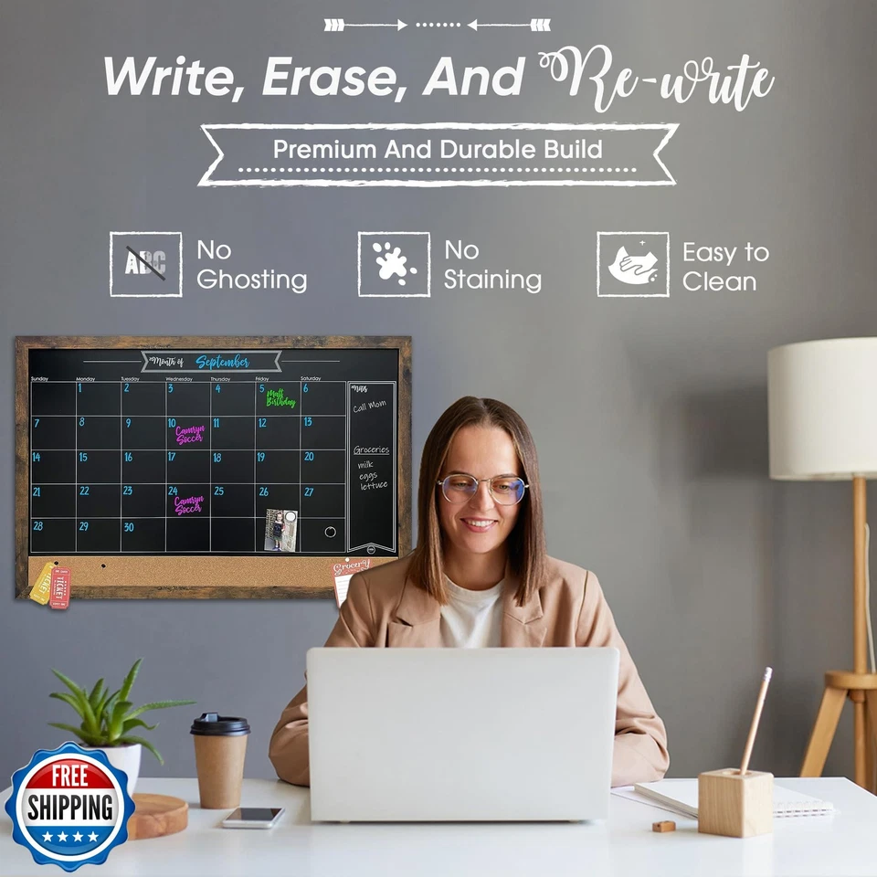 Loddie Doddie Rustic Framed Magnetic Chalkboard Calendar and Bulletin Board - - Image 4 of 4