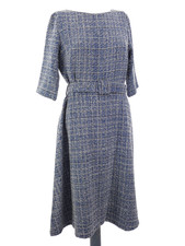 Blue Tweed Midi Dress Belted Fit & Flare Elegant Smart Workwear UK 12 BNWT