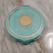 Vintage Teal Compact Powder Mirror With Gold Accent Holds 7 Oz