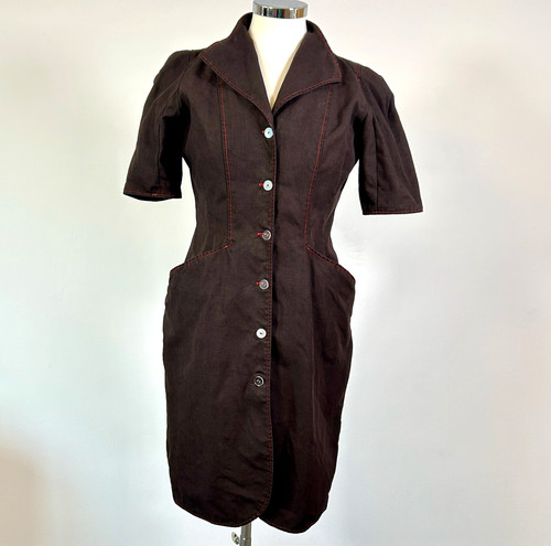 Jean Muir, Jean Muir Vintage 80er Leinen Hemd Kleid schwarz rote Nähte UK 12 England