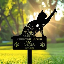 Personalized Metal Cat Grave Marker, Custom Cat Memorial Stake with Flowers