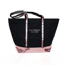 Victoria's Secret Tote Bag Black Canvas Pink Sequin Sparkle Bling