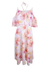 CeCe Women's Floral Cold-Shoulder Chiffon Midi Dress (8, New Ivory)