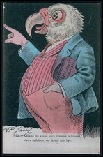 Politician parrot dressed bird Comic humor art original 1910s French postcard