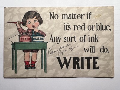 Rare 1916 GIRL WRITING WITH RED & BLUE INK Comic Postcard Please Write C6