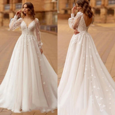 Brautkleid Hochzeitskleid Ivory Spitze Aufkleber A-Linie V-Ausschnitt Langarm - Bild 1 von 4