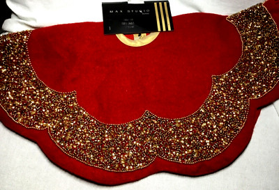 MAX STUDIO HOME TABLE TOP TREE SKIRT RED 22'' Beaded Gold WOOL POLYESTER NYL NIP
