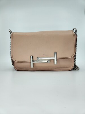 Tod's Nude Blush Leather Mini Double T Chain Shoulder Crossbody Flap Bag