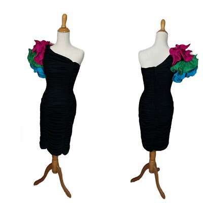 Vtg 80s After Six Bodycon Dress One Shoulder Ruffles Ruching Rainbow Prom Sz 1