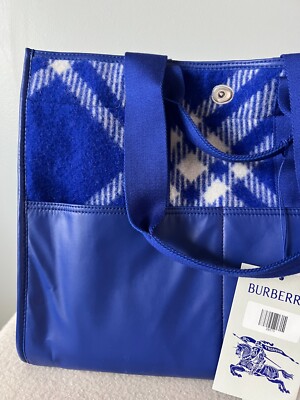 Burberry XL Check Shopper Tote Bag - Blue Leather Wool - NEW