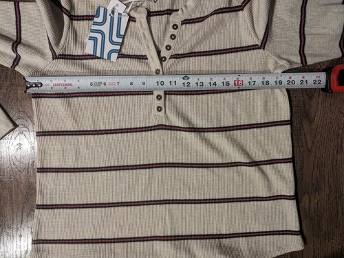 Market & Spruce Women's Waffle Knit Henley Shirt Tan & Navy Striped Size L NWT! - Picture 8 of 17