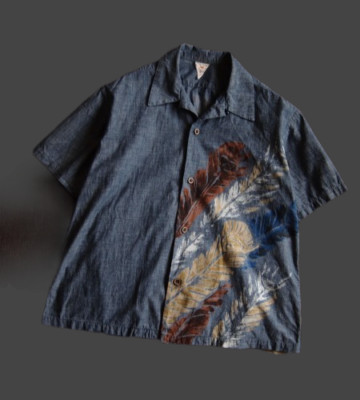 45R/45rpm Cotton Aloha Shirt Collared Peacock Feather pattern Indigo Dyed
