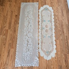 2 Vintage White  Ivory Lace Table Runners Floral Scalloped embroidered design