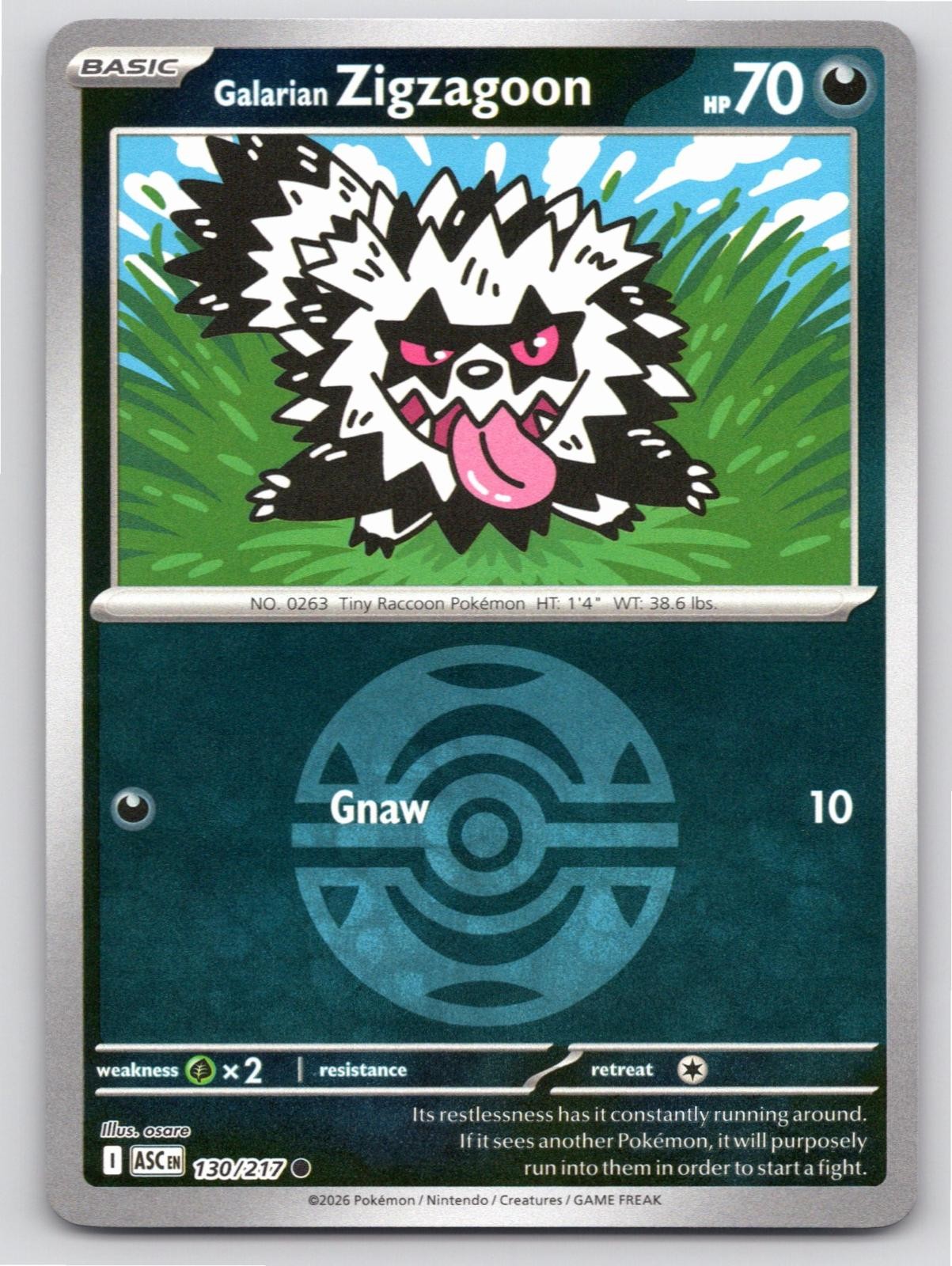 GALARIAN ZIGZAGOON (DUSK BALL) ASCENDED HEROES 130/217 REVERSE HOLO NM A55246