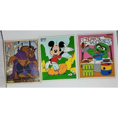 Vtg Playskool Disney Sesame Street Cardboard Puzzle Lot Mickey Beast Oscar 1980s