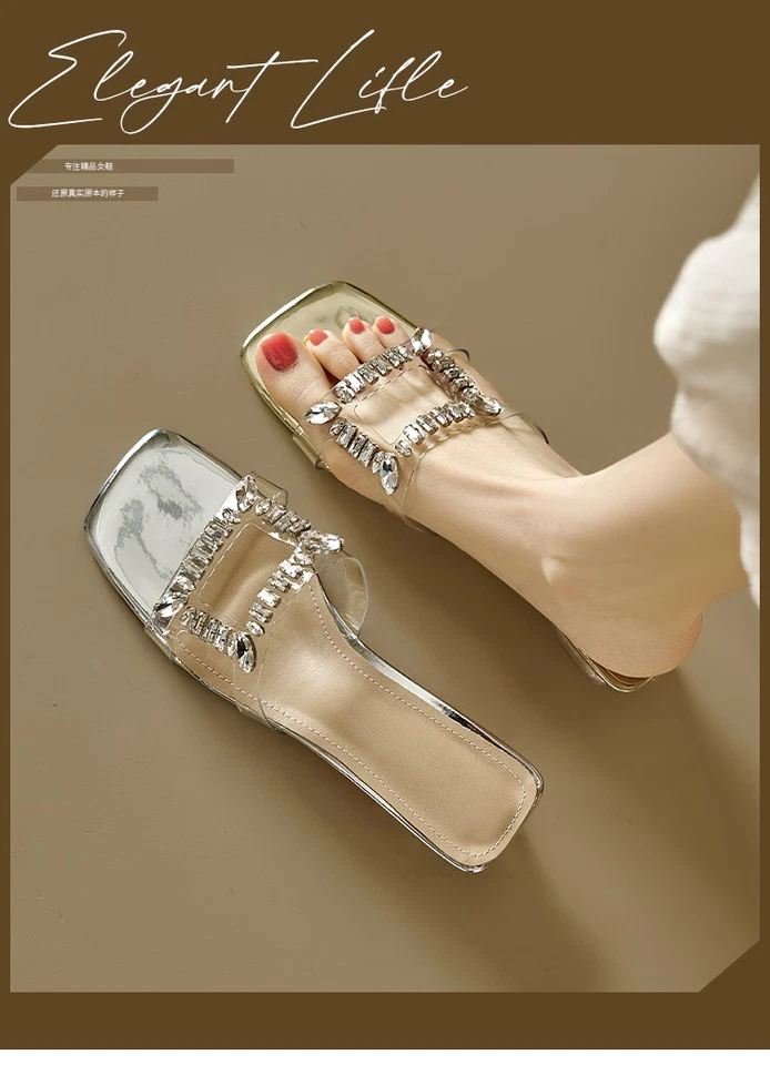 Sandalias Francesas Zapatillas Para Mujer Verano Exterior Cristal Tacones Gruesos Zapatillas Talla Foto 3 de 4