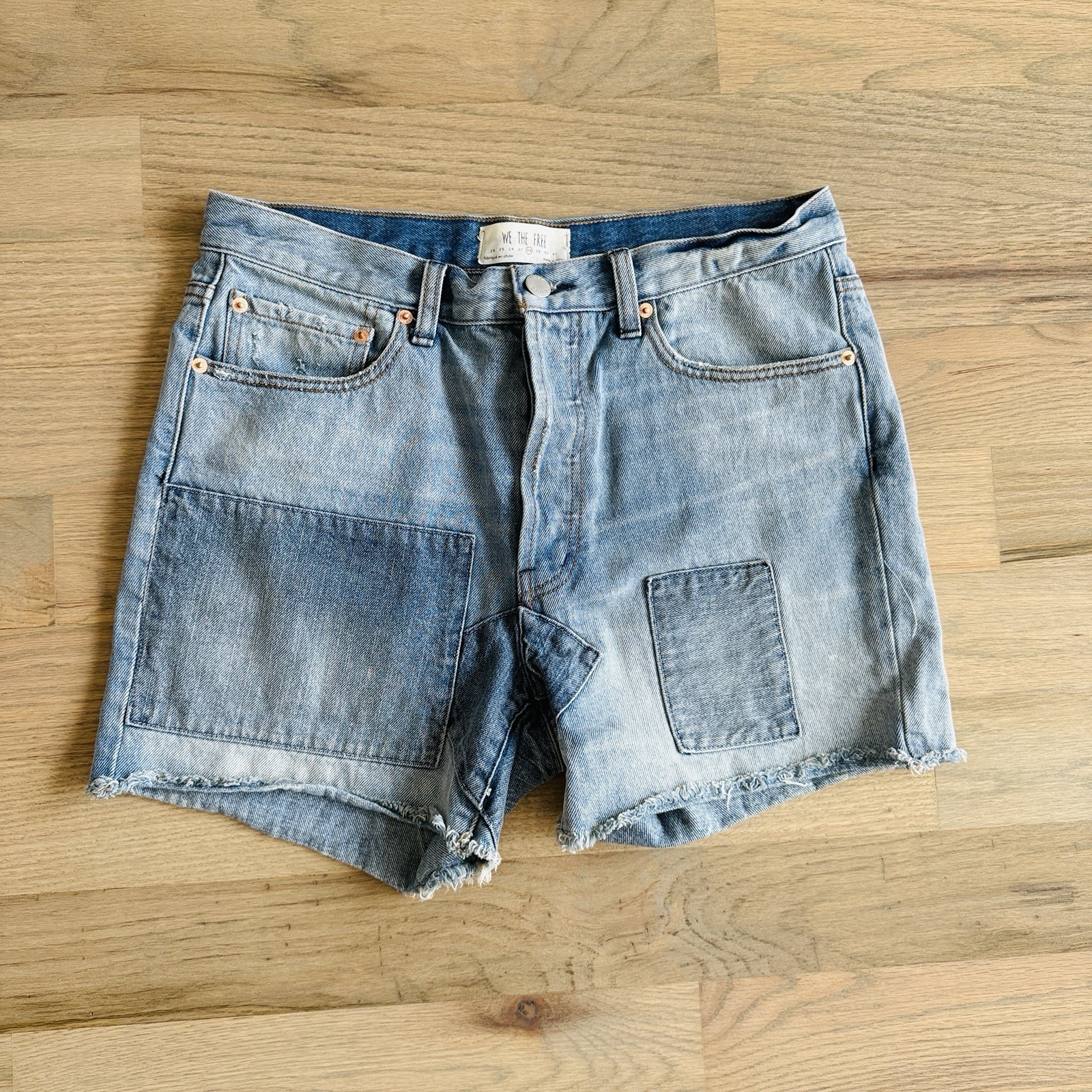 FREE PEOPLE Patchwork Denim Button Fly Shorts Wom… - image 2