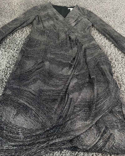 London Times Kleid Damen 16 Schwarz Silber Metallic Langarm Rüschen Gefüttert - Bild 6 von 18