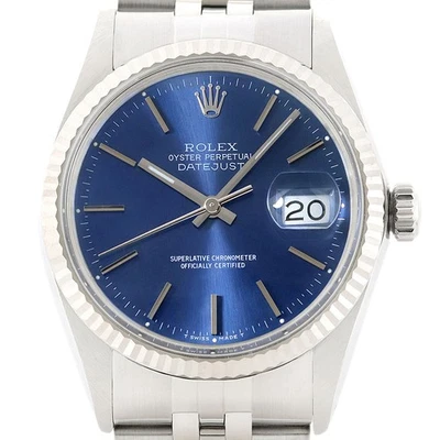 Rolex Datejust Cadran Bleu Montre 18K Or Blanc & SS Bracelet Jubilee 16014 - Photo 1/4