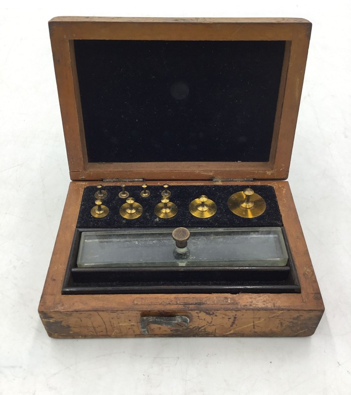 Vintage Brass Precision Scale Weight Set in Fitted Wood Case 10 Pieces