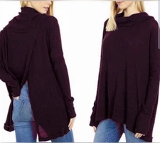 Free People Womens XS Thermal Top Juicy Cowl Neck Split Back Puerple MSPR $88