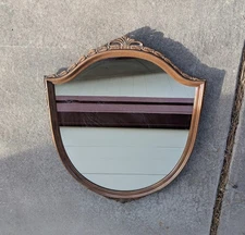 Vintage Shield Shaped Ornate Carved Wood Wall Mirror Federal Style