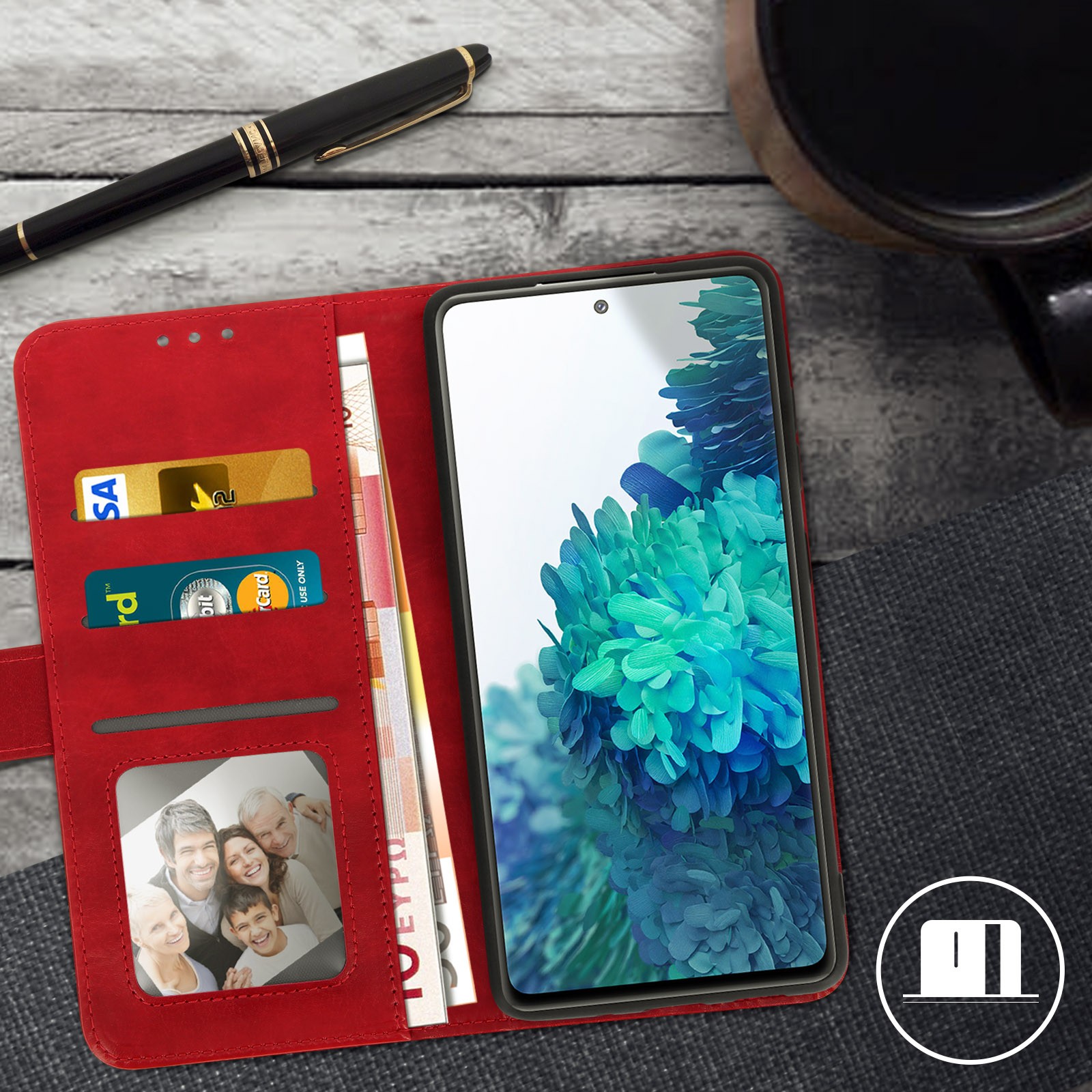 Protection Galaxy S20 FE Rouge avec Support Vidéo et Étui Carte Bancaire