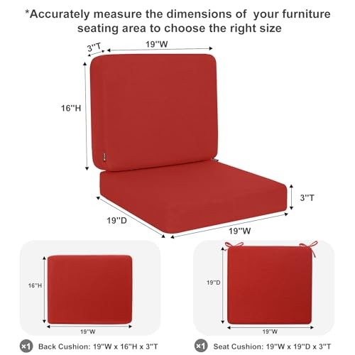 Outdoor Deep Seat Cushion Set, 19 x 19 Inch Seat 19x19 In + Back 19x16 In Red - Picture 6 of 7