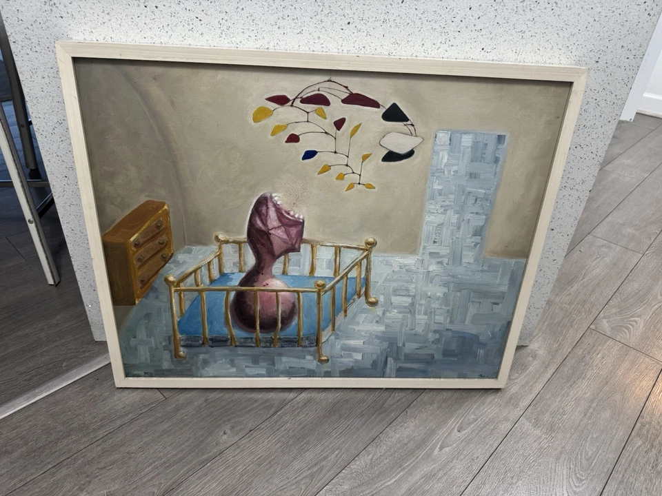 Pintura al óleo enmarcada de colección Royce 23”x29” firmada por artista misterioso estilo Joan Miró Foto 4 de 4