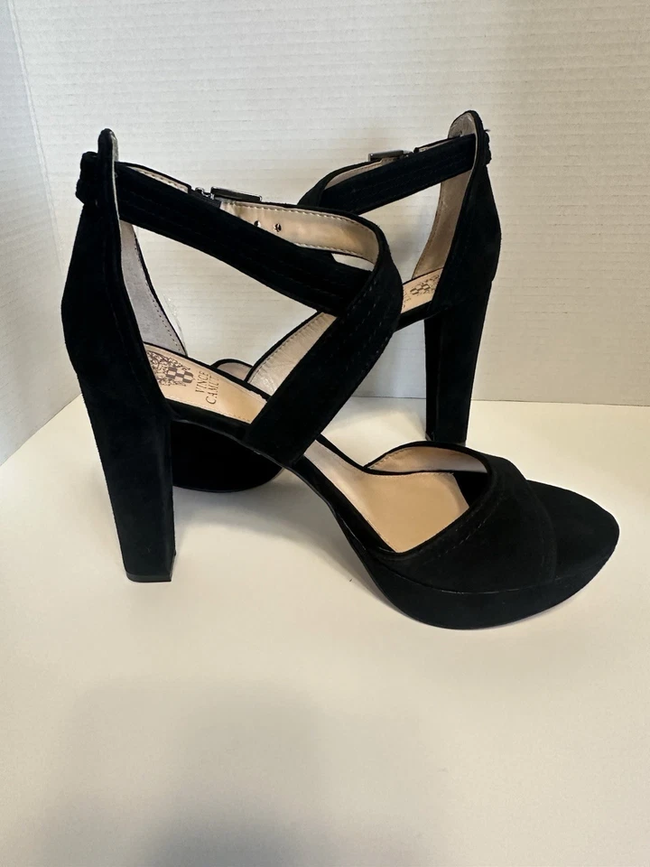 Vince Camuto Sandals Womens 11 Black Suede Heeled Cross Strap Open Toe Shayla - Image 3 of 4