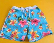 OP Ocean Pacific Sport Swim Trunks Mens M Blue Floral Elastic Waist Mesh Lined