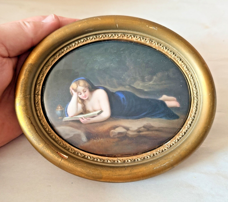 Antique Hand Painted Porcelain Plaque Penitent Magdalene Gilt Frame