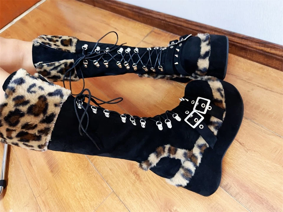 Botas de caballero de tacón alto con suela gruesa con cordones estampado de leopardo de pasarela para mujer cremallera Foto 3 de 4