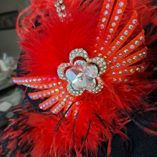 Feather Rhinestone Hat Formal Occasion Derby Wedding Church Red Black - Picture 3 of 5