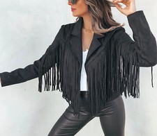 Women  s Black Suede Leather Fringe Jacket Western Native  American Style Cowgirl